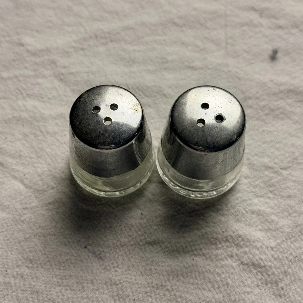 Vintage Miniature Round Glass Salt & Pepper Shakers Metal Lids 1.5